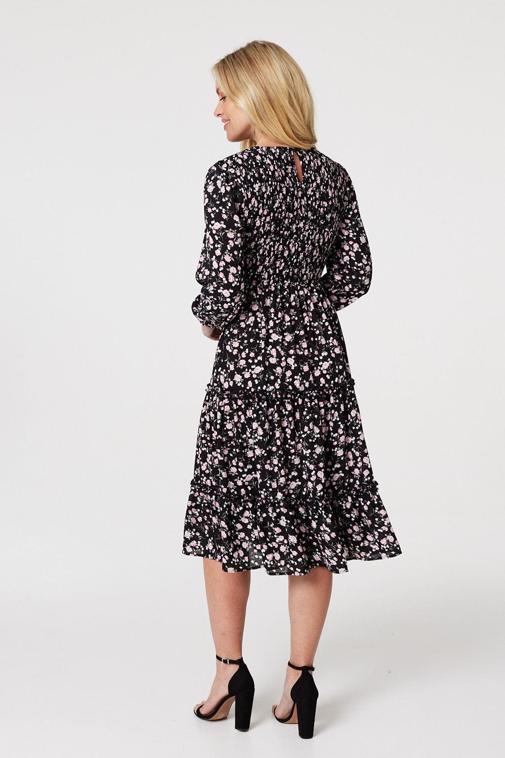 Black | Floral Long Sleeved Midi Dress