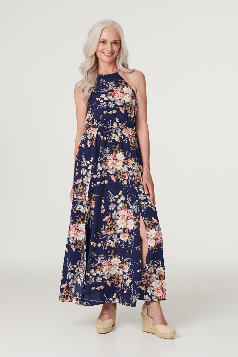 Navy | Floral Halter Neck Maxi Dress