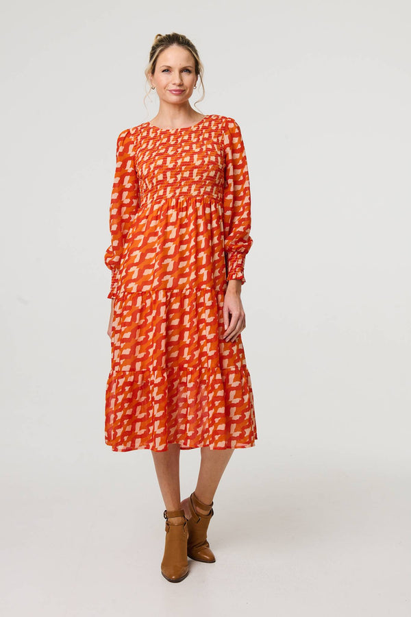 Orange | Printed Long Puff Sleeve Midi Smock Dress
