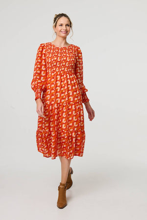 Orange | Printed Long Puff Sleeve Midi Smock Dress
