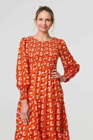Orange | Printed Long Puff Sleeve Midi Smock Dress
