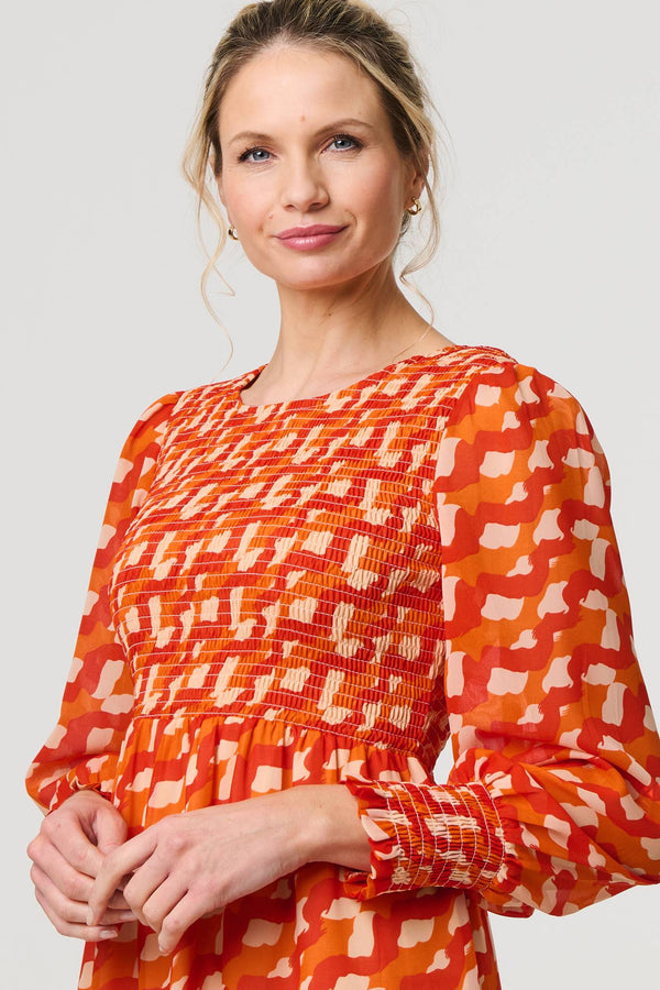 Orange | Printed Long Puff Sleeve Midi Smock Dress
