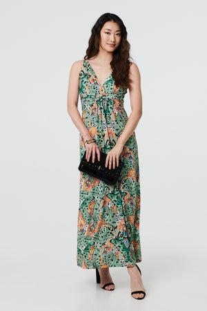 Green | Butterfly Print V-Neck Empire Maxi Dress
