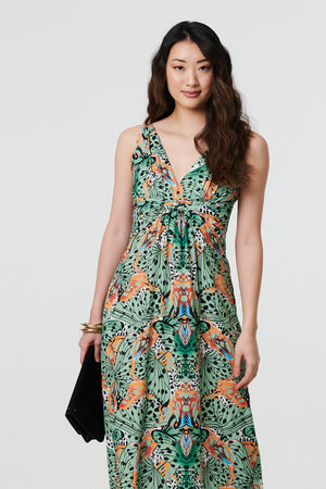 Green | Butterfly Print V-Neck Empire Maxi Dress
