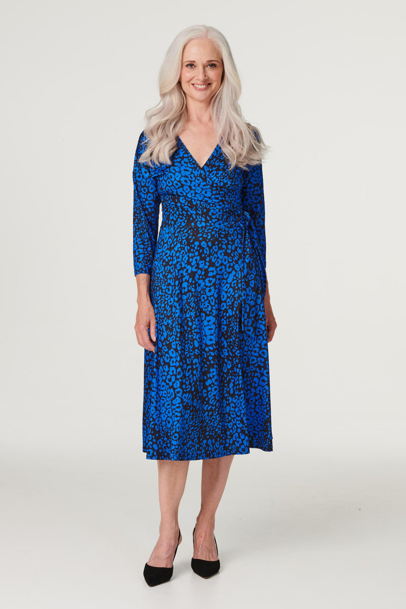 Blue | Leopard Print Midi Wrap Dress