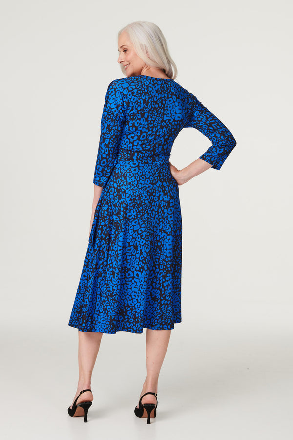 Blue | Leopard Print Midi Wrap Dress