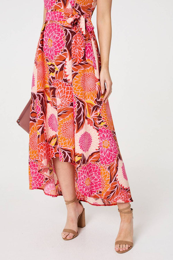 Pink | Floral Short Sleeve Tie Waist Midi Dress
