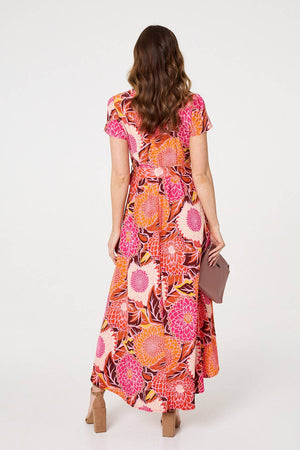 Pink | Floral Short Sleeve Tie Waist Midi Dress
