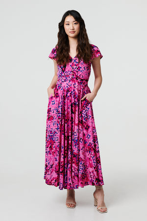 Pink | Abstract Ruched Waist Cap Sleeve Maxi Dress
