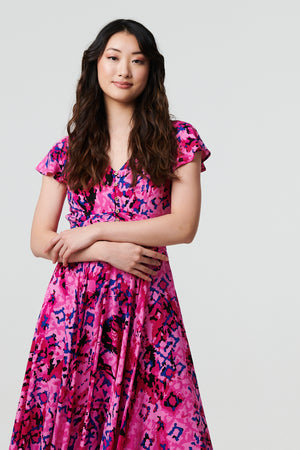 Pink | Abstract Ruched Waist Cap Sleeve Maxi Dress
