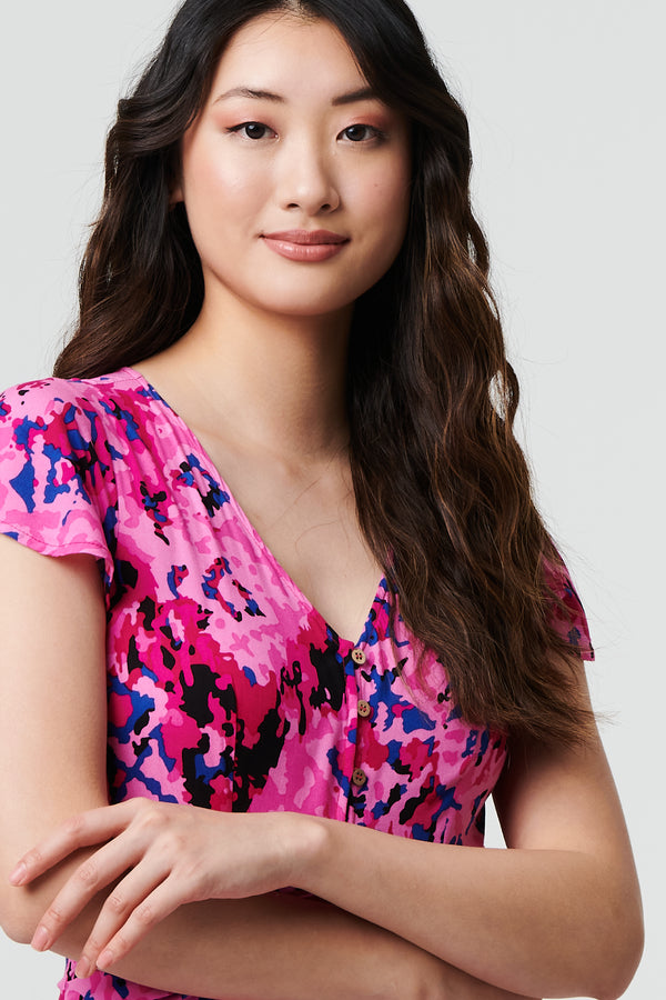 Pink | Abstract Ruched Waist Cap Sleeve Maxi Dress
