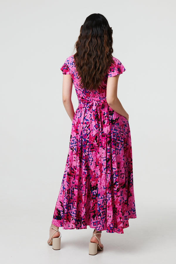 Pink | Abstract Ruched Waist Cap Sleeve Maxi Dress
