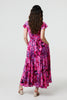 Pink | Abstract Ruched Waist Cap Sleeve Maxi Dress
