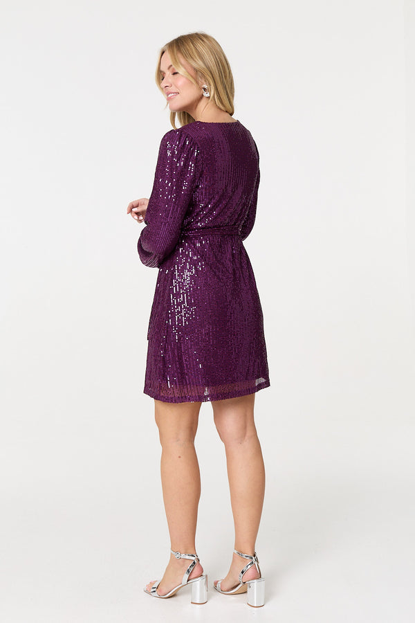izabel sequin dress Sparkly Sequin Long Sleeve Mini Wrap Dress