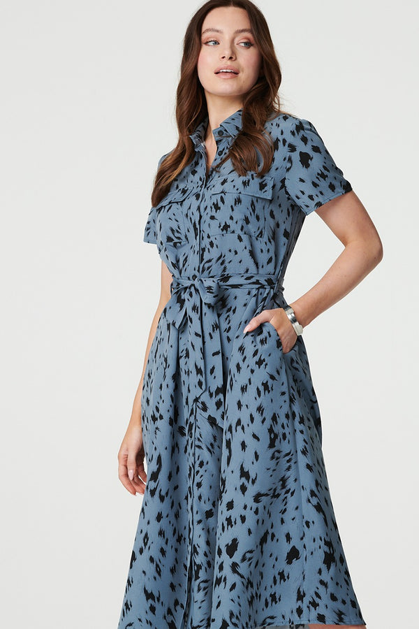 Blue | Printed Short Sleeve Shirt Dress