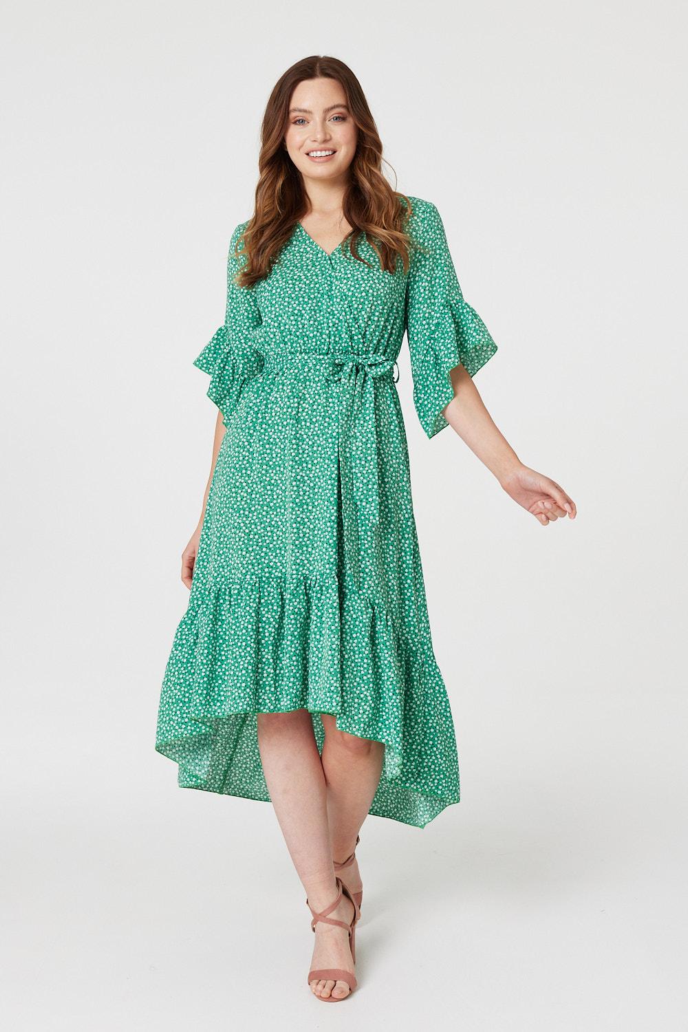 Green | Printed Frilled Wrap Front Dress
