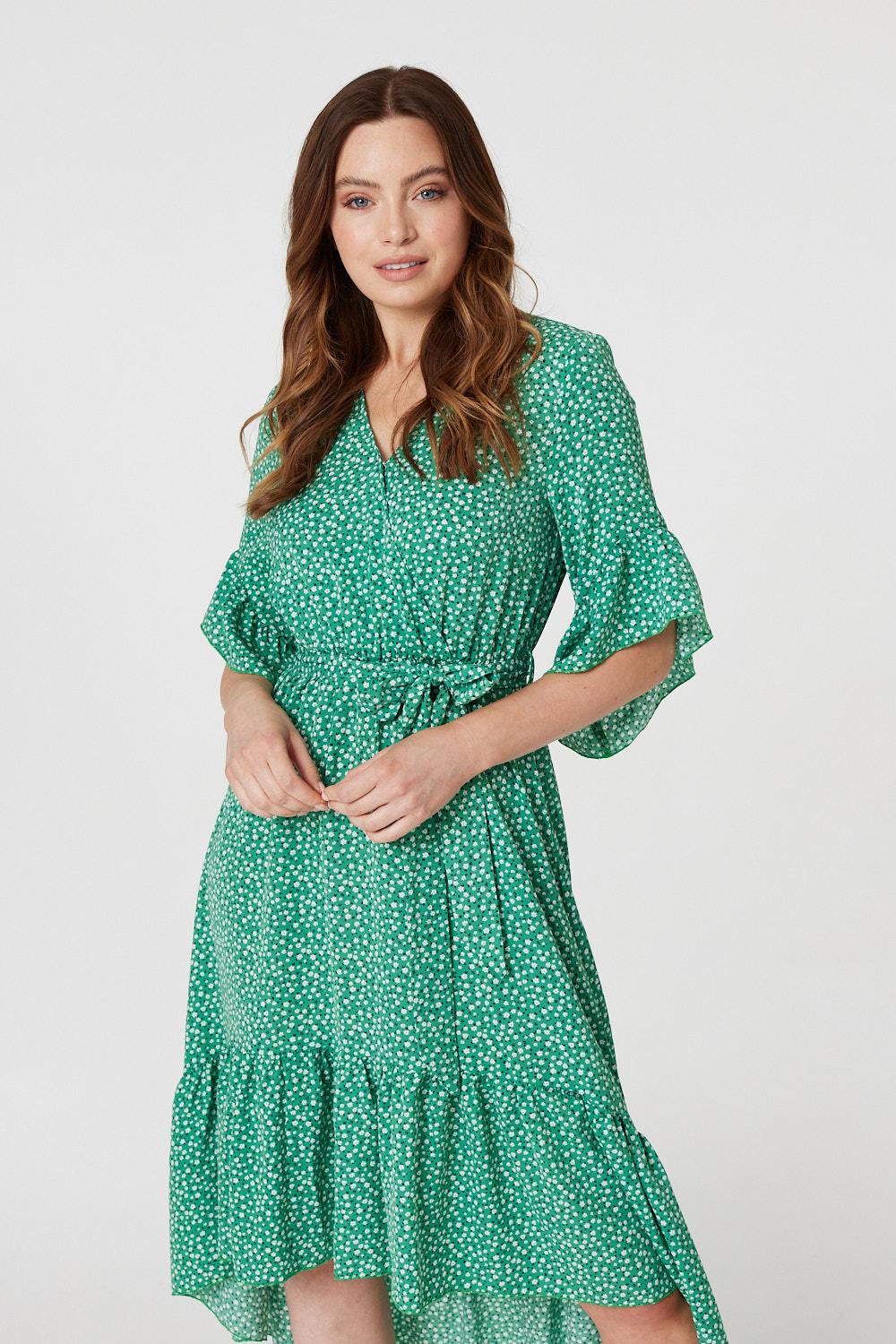 Green | Printed Frilled Wrap Front Dress