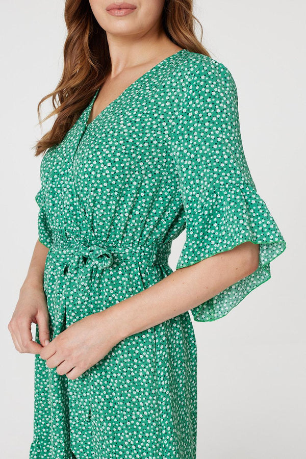 Green | Printed Frilled Wrap Front Dress