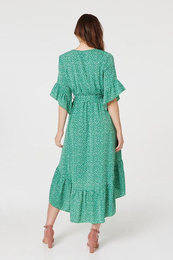 Green | Printed Frilled Wrap Front Dress