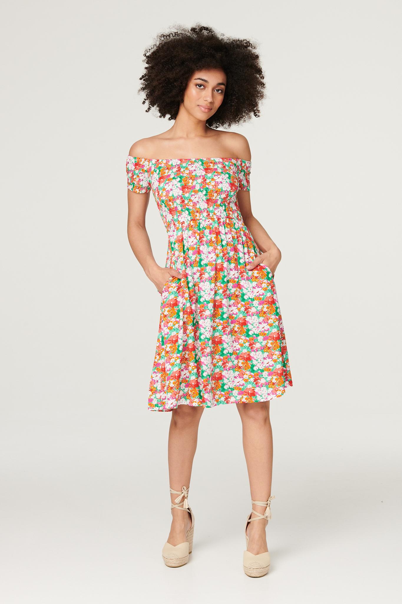 Green | Floral Bardot Smocked Short Dress