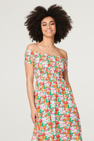 Green | Floral Bardot Smocked Short Dress