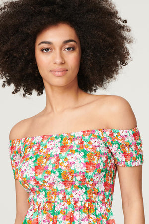 Green | Floral Bardot Smocked Short Dress