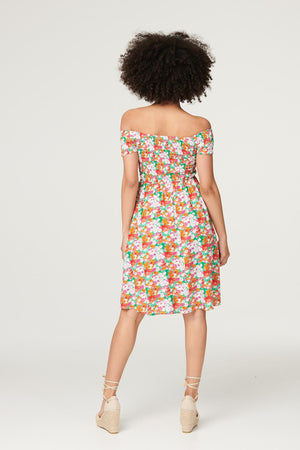 Green | Floral Bardot Smocked Short Dress