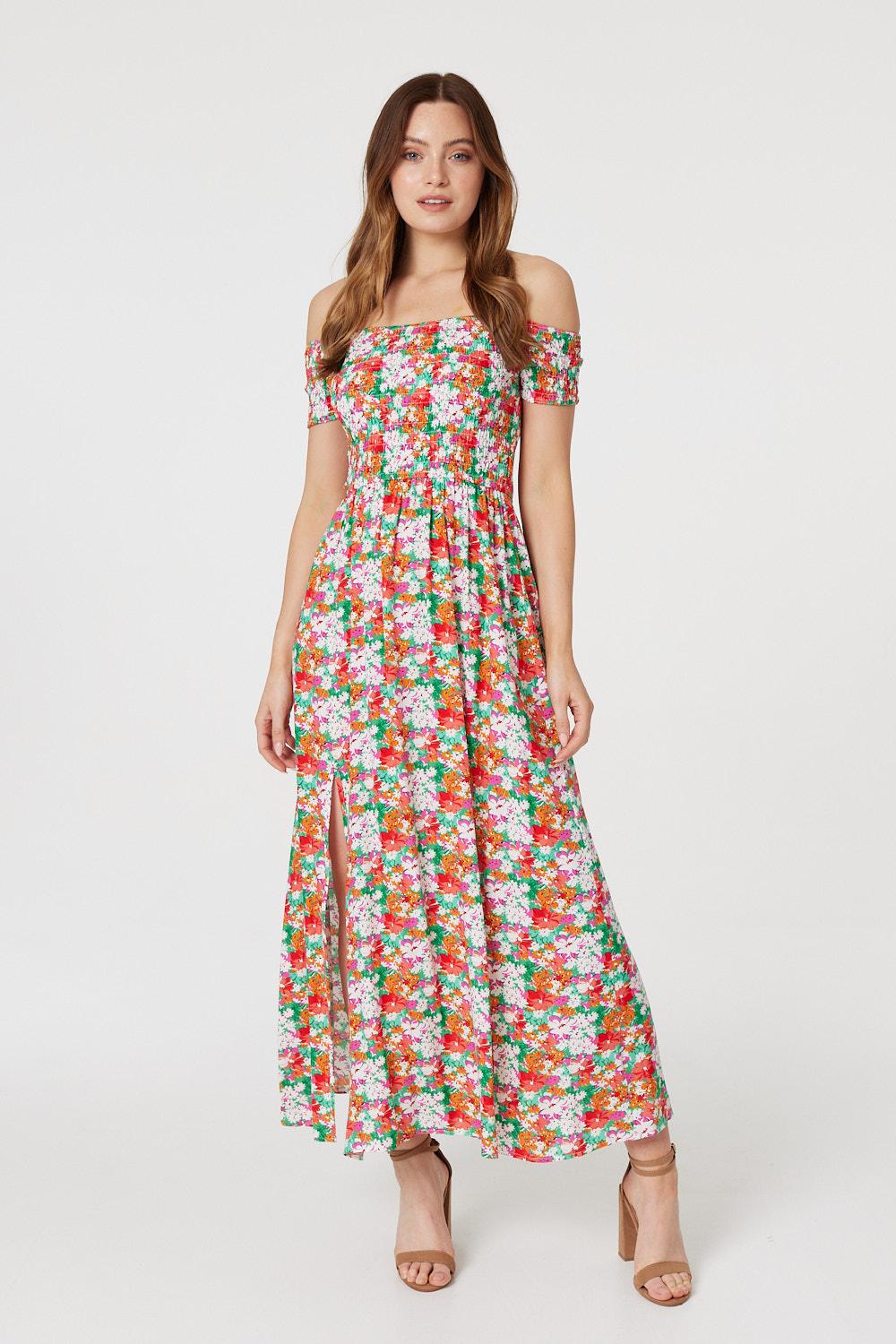 Green | Floral Bardot Column Maxi Dress