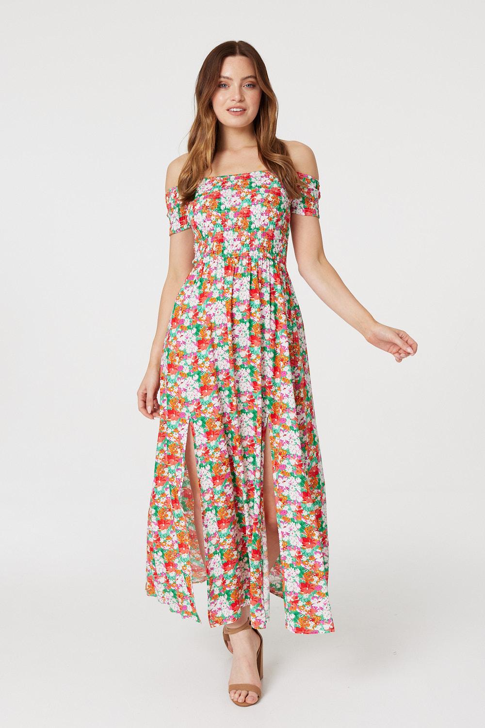 Green | Floral Bardot Column Maxi Dress