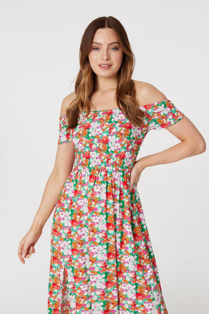 Green | Floral Bardot Column Maxi Dress