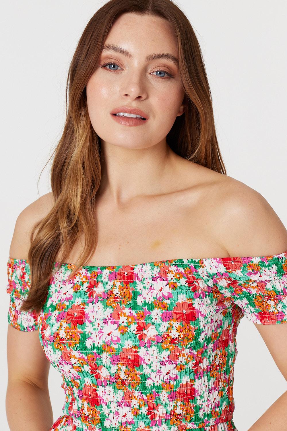 Green | Floral Bardot Column Maxi Dress