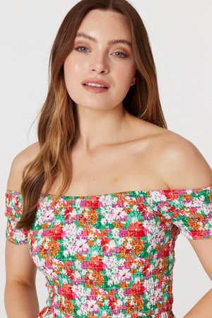 Green | Floral Bardot Column Maxi Dress
