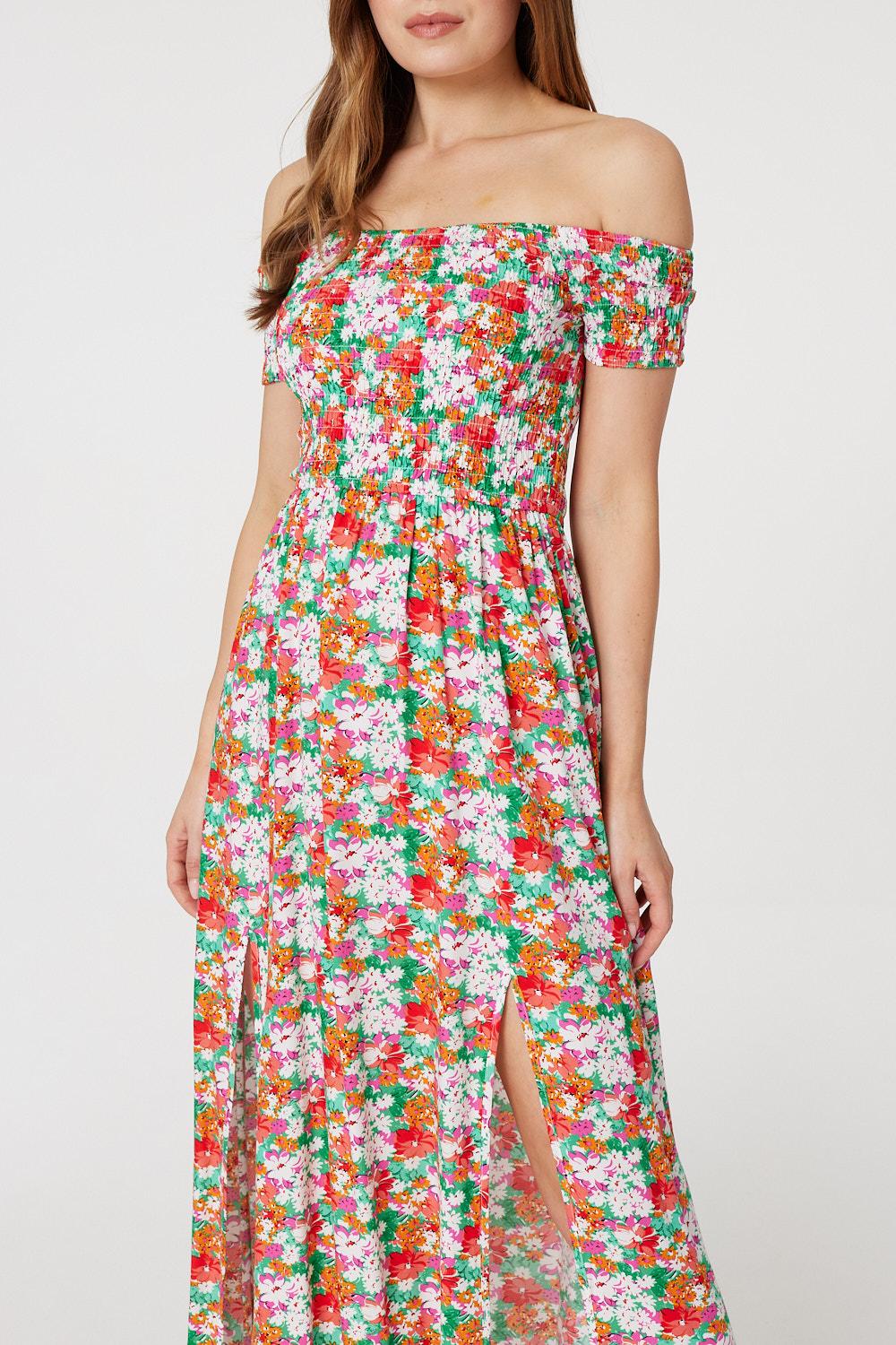 Green | Floral Bardot Column Maxi Dress