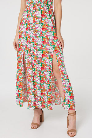 Green | Floral Bardot Column Maxi Dress