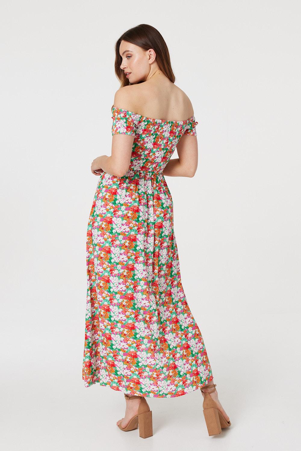 Green | Floral Bardot Column Maxi Dress