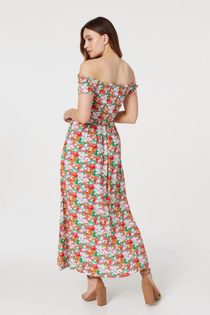 Green | Floral Bardot Column Maxi Dress