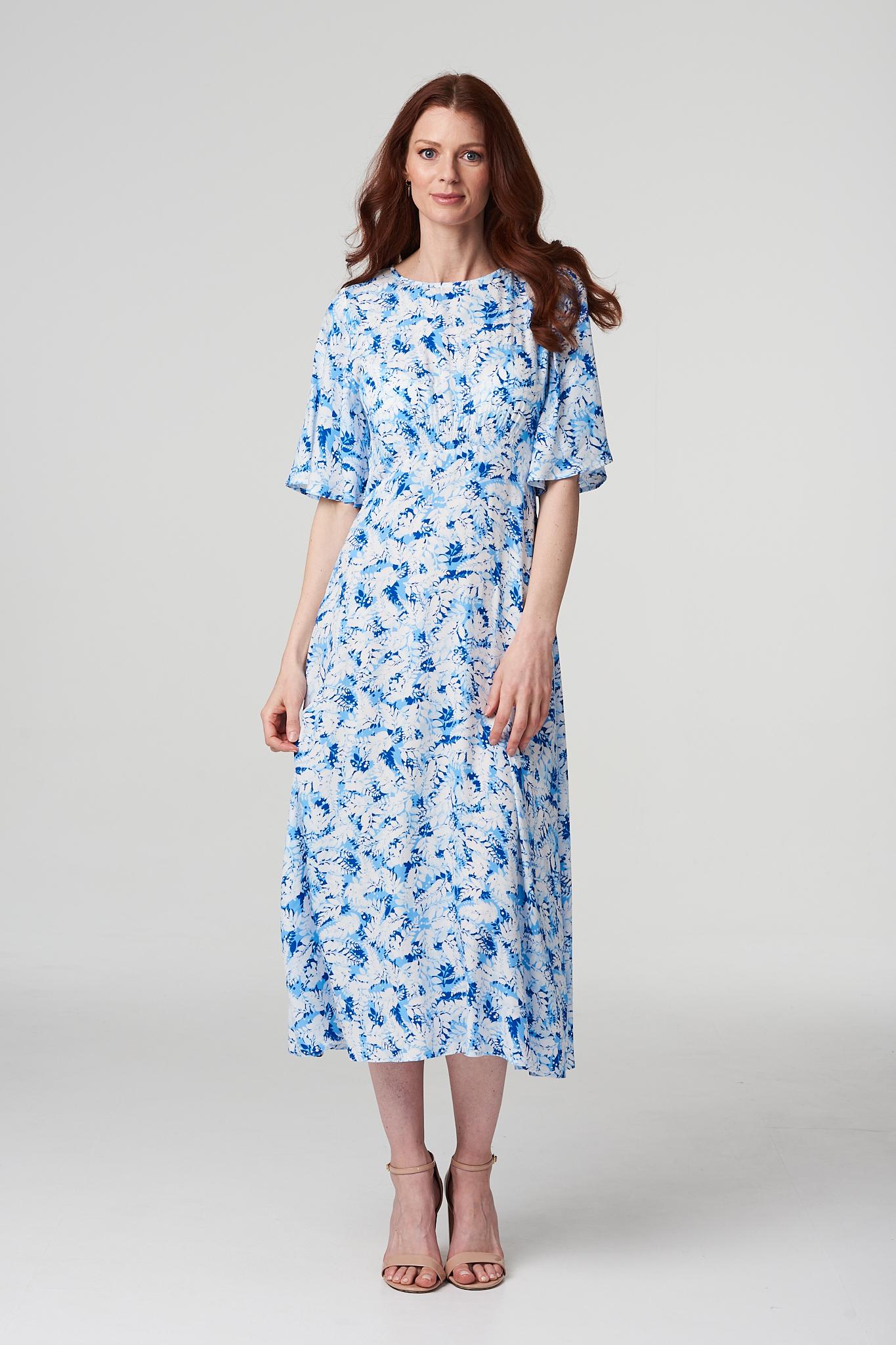Blue | Leaf Print Midi Tea Dress
