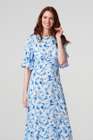 Blue | Leaf Print Midi Tea Dress
