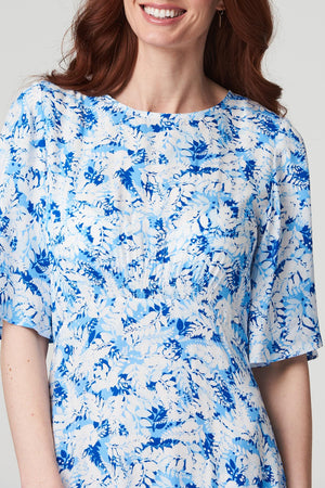 Blue | Leaf Print Midi Tea Dress