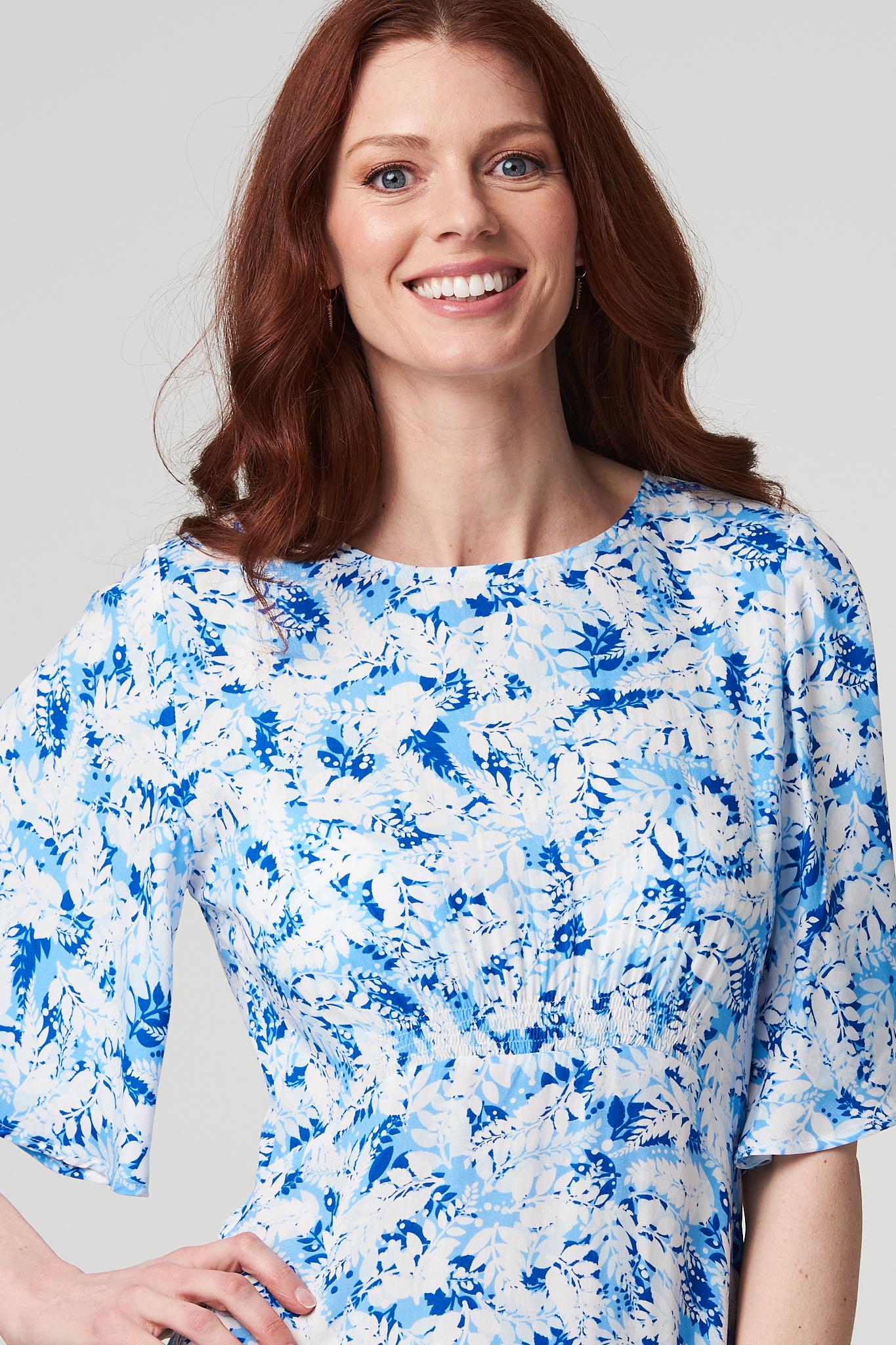 Blue | Leaf Print Midi Tea Dress