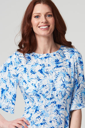 Blue | Leaf Print Midi Tea Dress