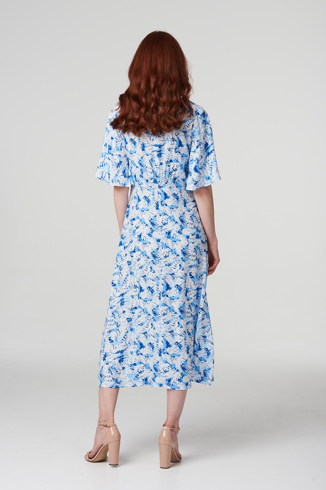Blue | Leaf Print Midi Tea Dress