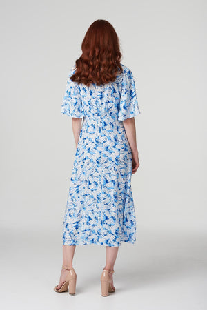 Blue | Leaf Print Midi Tea Dress