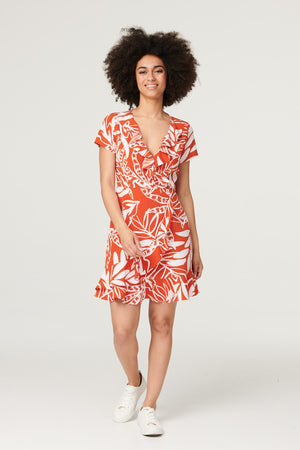 Orange | Leaf Print Ruffle Mini Dress