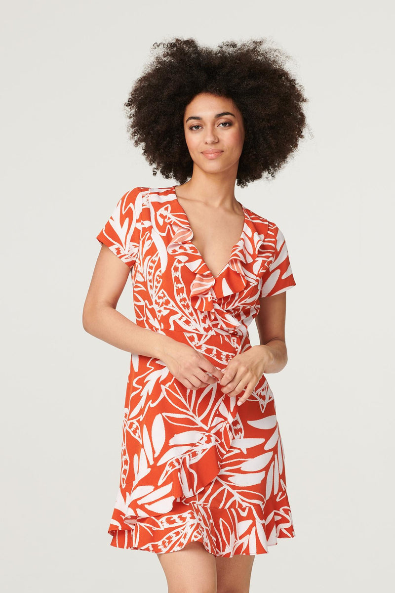 Orange | Leaf Print Ruffle Mini Dress