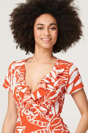 Orange | Leaf Print Ruffle Mini Dress