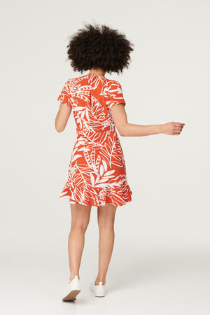 Orange | Leaf Print Ruffle Mini Dress