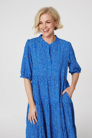 Blue | Printed Tiered Maxi Smock Dress