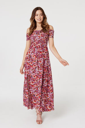 Red | Floral Bardot Smocked Maxi Dress