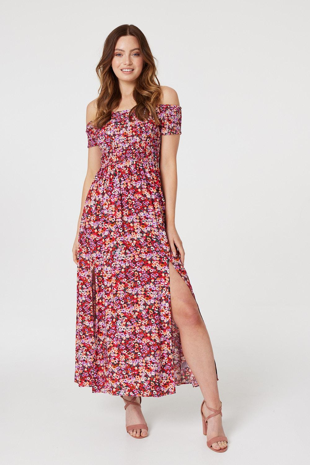 Red | Floral Bardot Smocked Maxi Dress